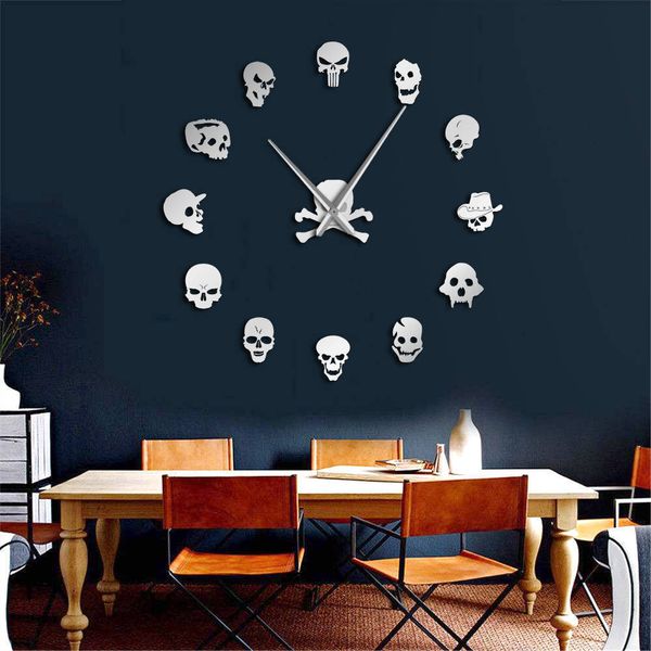 DIY horror wall art featuring different skull heads on a giant frameless wall clock with large needles, perfect for Halloween decor