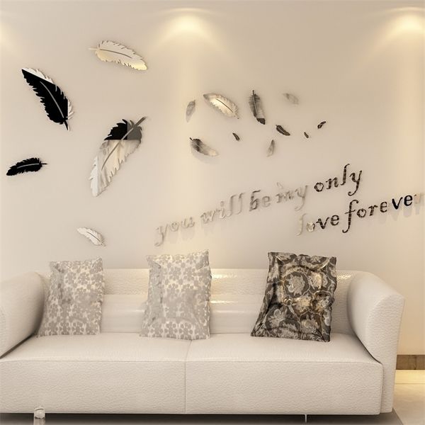 DIY large feather mirror wall decals for home, living room, bedroom, or bathroom decor with acrylic sticker murals