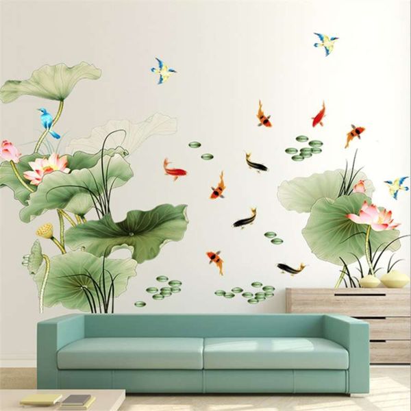 DIY Large Lotus Leaves Flower Fish Vinyl Wall Stickers for Living Room and Bedroom TV Decor