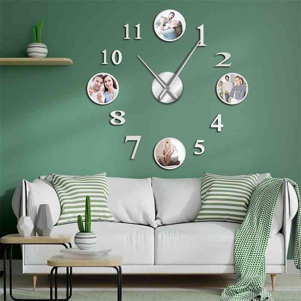 DIY large wall clock with customizable photos for living room decor, a personalized family picture frame clock