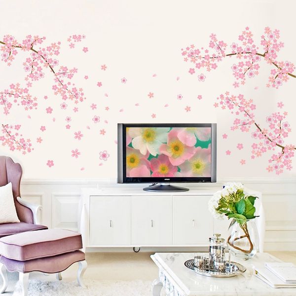 DIY Romantic Pink Plum Blossom Wall Sticker for Living Room, Bedroom TV Sofa Background Home Decor Mural
