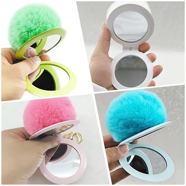 Double-sided folding mirror keychain with fluffy rabbit fur pompom, compact and portable for cars
