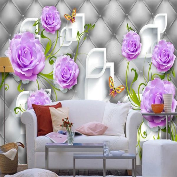 Elegant 3D purple rose wallpaper soft bag for modern living room walls