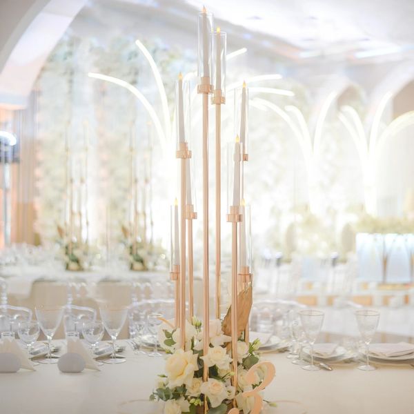 Elegant crystal bead chandelier with a gold metal flower stand for wedding table centerpieces