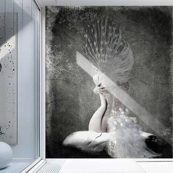 Elegant European-style custom wallpaper featuring a nostalgic black and white peacock design, perfect for living room or bedroom cement murals