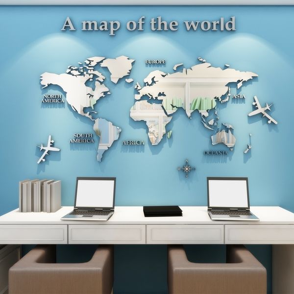 European 3D acrylic world map wall sticker for home or office decor, perfect for kids' rooms