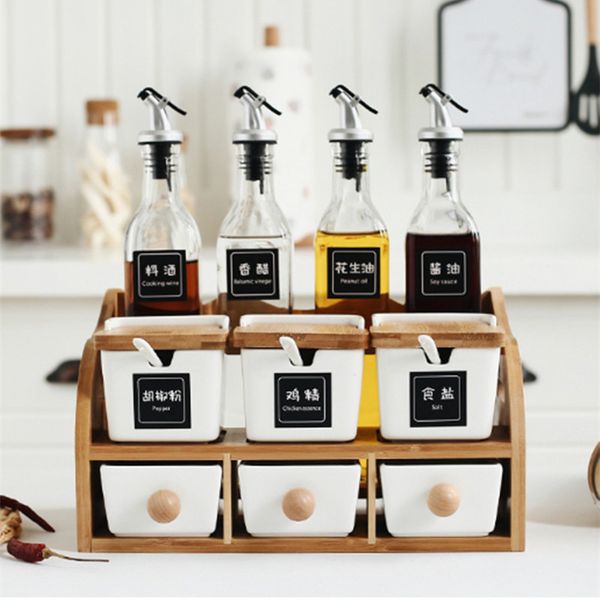 European double-layer jar set  
Ceramic seasoning containers  
Oil and vinegar bottles  
Spice rack with vinegar pot  
Kitchen shelf seasoning boxes