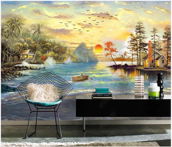 European pastoral landscape oil painting wallpaper featuring a serene lakeside view for home decor