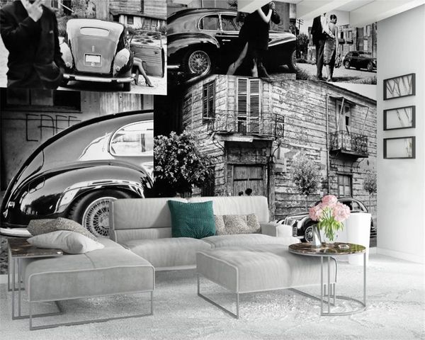 European retro 3D wallpaper featuring a monochrome cityscape with classic cars on a street