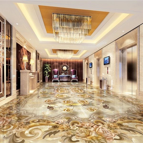 European-style 3D floor tile murals with floral retro designs for living rooms, featuring self-adhesive waterproof wallpaper for luxurious home decor