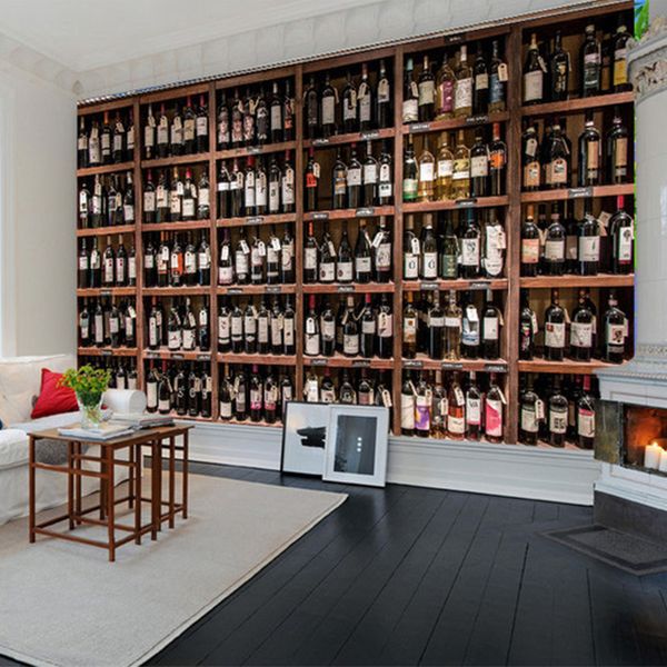 European-style 3D wallpaper featuring modern red wine bottles and wooden racks, perfect for cafe and bar wall murals