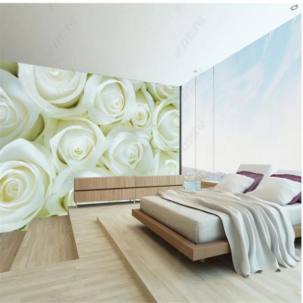 European-style high-definition white rose wallpapers for weddings, modern 3D stereoscopic living room wall coverings