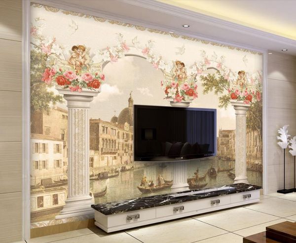 European-style oil painting for living room decor featuring a TV, sofa, and wall backdrop