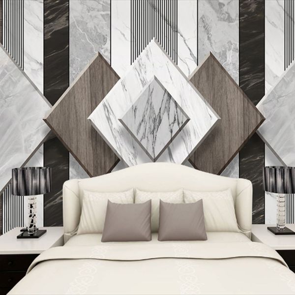 European-style white marble-patterned wood-grain TV sofa backdrop wall mural 3D photo wallpaper