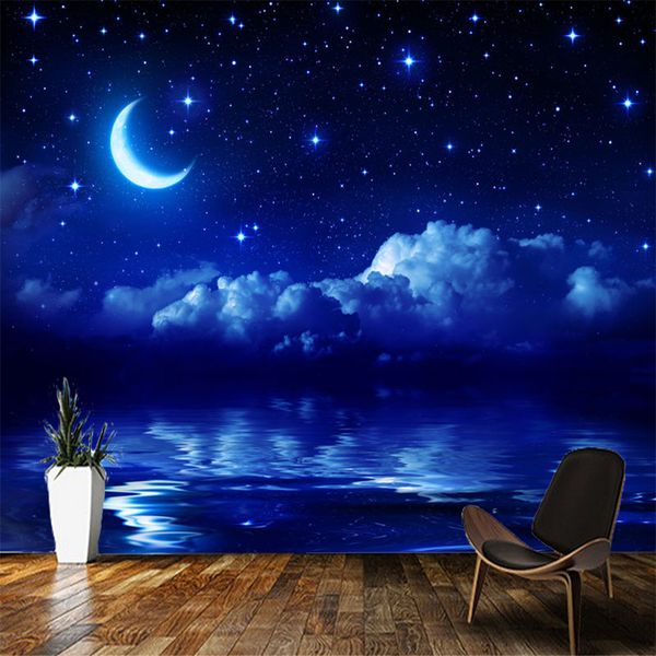 Fantasy wallpaper featuring a starry sky with stars and a moon over the sea, perfect for living rooms or kids' bedrooms