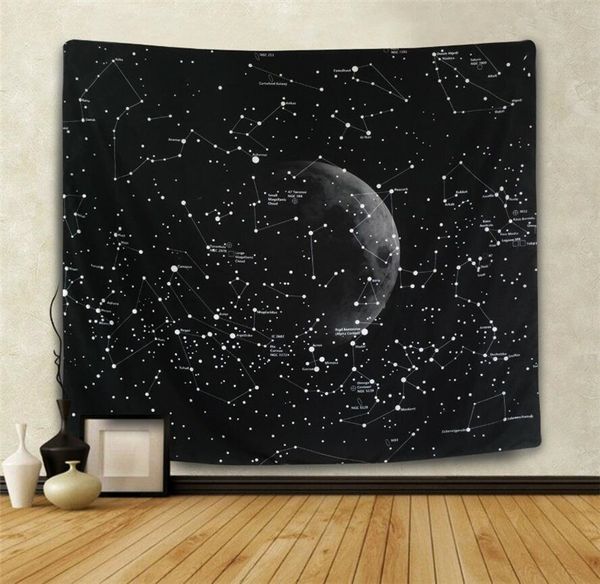 Fashionable black cosmic tapestry featuring space planets, mandala designs, and starry galaxy patterns for bedroom wall decoration, measuring 150x130 cm