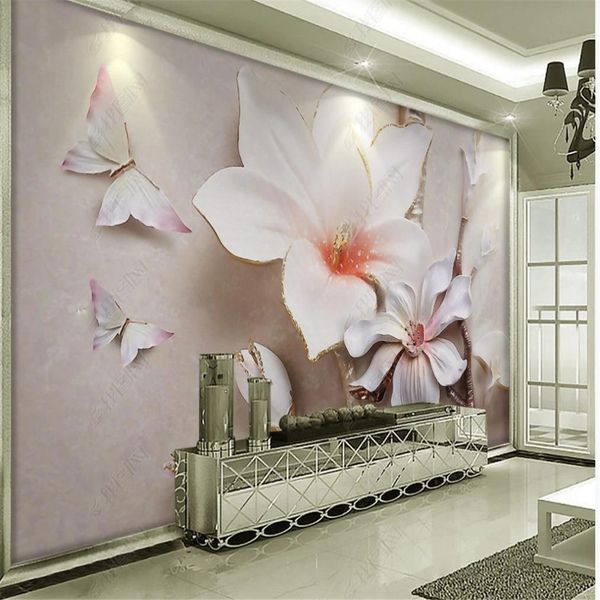 Fashionable, minimalist 3D white magnolia relief wall mural with elegant design