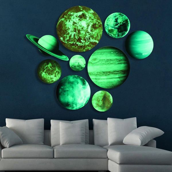 Fluorescent wall decals of the solar system, perfect for kids' room decor with waterproof and luminous features