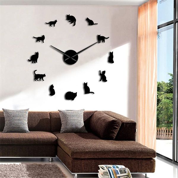 Frameless 3D Cat Silhouette Wall Clock with Playful Design, Big Hands for Girls' Room Decor