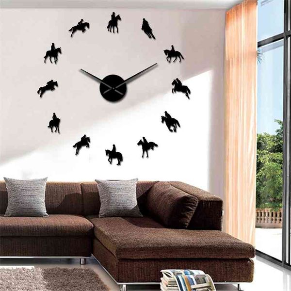 Frameless 3D DIY Wall Clock featuring a modern equestrian design with acrylic mirror surface, showcasing horse racing and riding themes