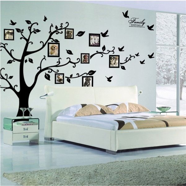 Free shipping: Large 200x250cm/79x99in black 3D DIY photo tree PVC wall decals - adhesive family stickers for home mural decor