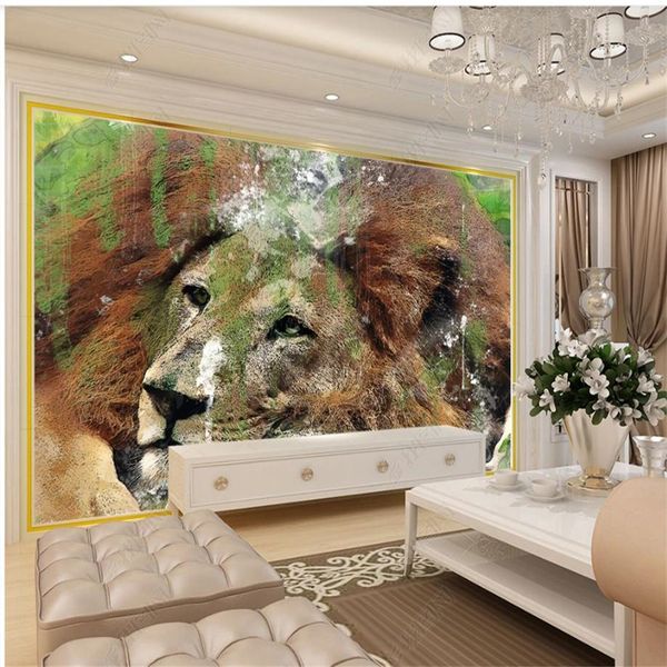 Fresh hand-painted 3D lion watercolor wallpapers for modern living rooms