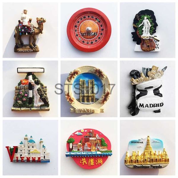 Fridge magnet souvenirs from Spain, Granada, Hamburg, Paris, USA, Las Vegas, Myanmar, Jerusalem, and Vienna for refrigerator decoration