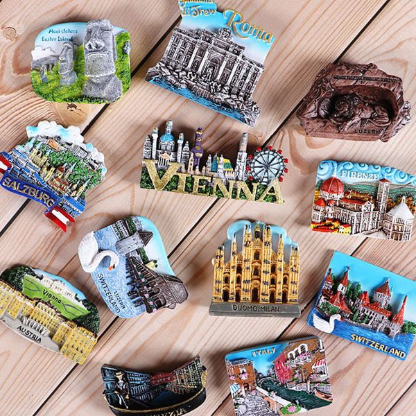 Fridge magnets featuring Italy, Switzerland, Chile, Austria, and other European countries as decorative souvenirs and tourist keepsakes