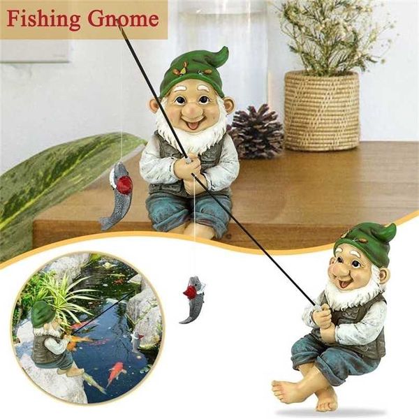 Funny outdoor resin garden gnome sculpture of a fishing sitter, creative lawn decoration accessory