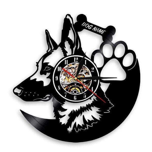 German Shepherd-themed vinyl record wall clock, customizable with your dog's name, a stylish gift for pet enthusiasts