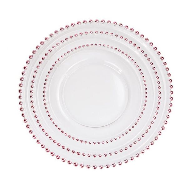 Glass charger plates featuring elegant gold and silver beaded rims, available in 8, 10.5, and 12.5-inch round sizes for weddings and parties