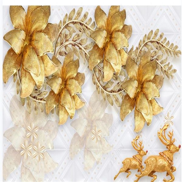 Golden 3D floral wallpaper for living room walls