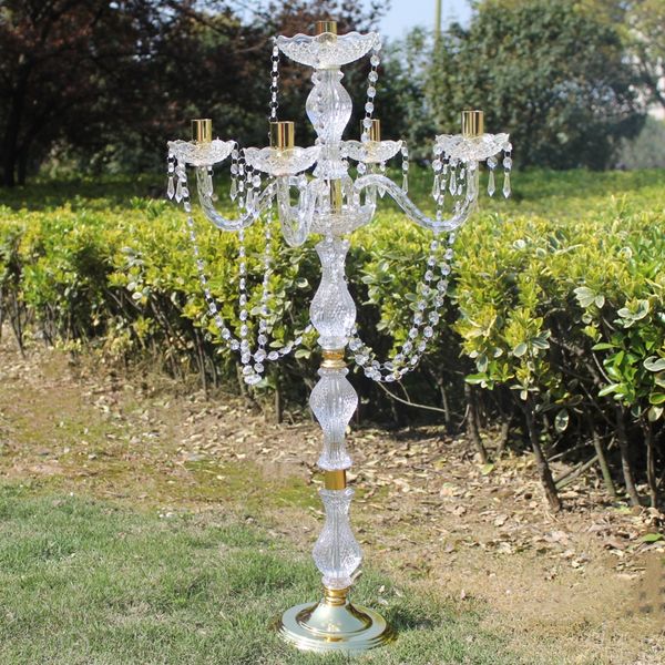 Golden 5-arm acrylic candelabras with crystal drops, 90cm tall, for weddings (10 pieces per lot)
