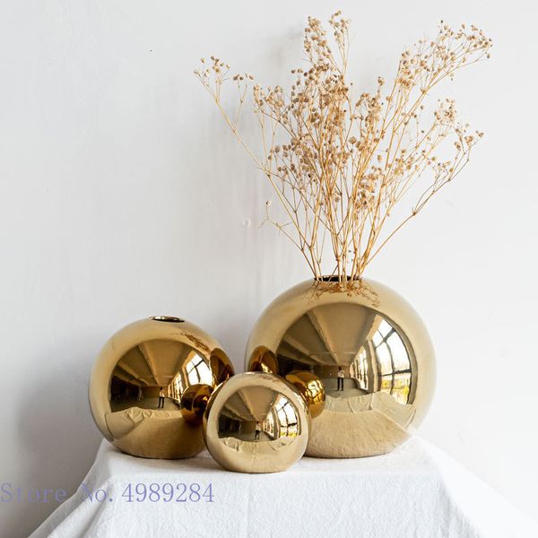 Golden ceramic round ball vase for flower arrangements, ideal for weddings and decor