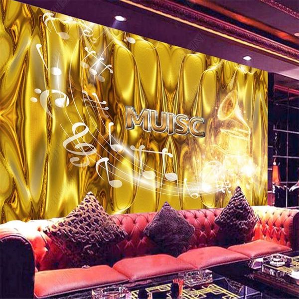 Golden streamer song ktv bar music background wall living style wallpaper

Rewritten:
Golden music streamer background for ktv bars and living room wall decor