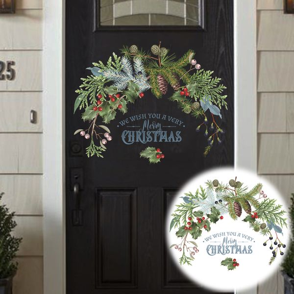 Green Plant Pine Cones Branch Wall Stickers Christmas Decoration 2022 New Year Decor Glass Window Door Sticker Home Poster Vinyl