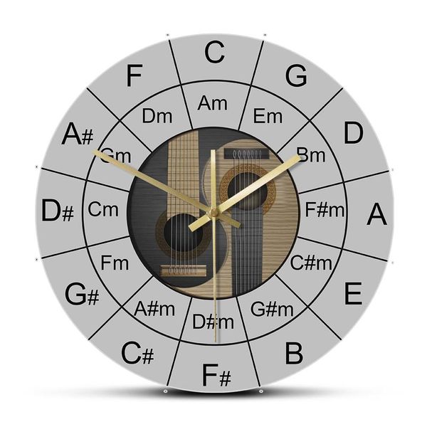 Guitar Chords Yin Yang Music Wall Clock with Acoustic Bass Circle of Fifths Art for Bass Players
