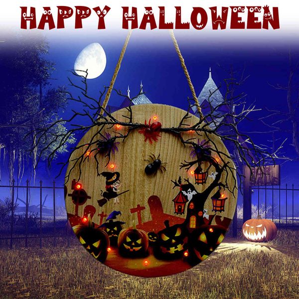Halloween Wooden Lighted Plate for Holiday Party Door Decor - Ghost Castle Witch Wall Hanging