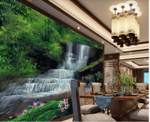 Handcrafted 3D waterfall landscape wall murals in contemporary Chinese artistic style