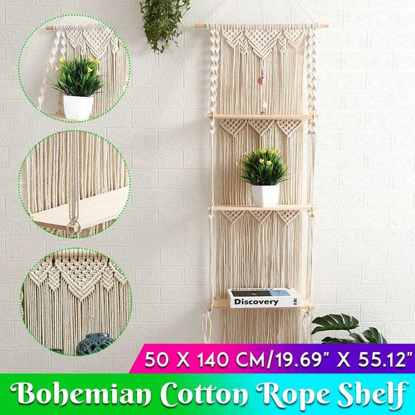 Handcrafted 3-tier macrame shelf with wooden rods and tassel accents for stylish home organization