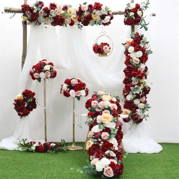 Handcrafted burgundy red faux floral ball centerpiece for weddings, parties, and Christmas decorations