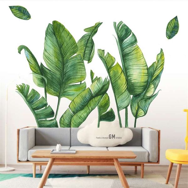 Handcrafted green banana leaf wall decals for living room and bedroom decor, vinyl plant murals for home adornment