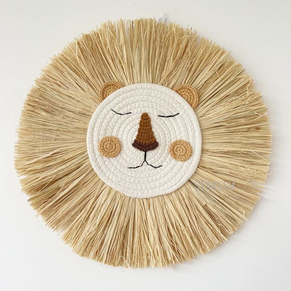 Handcrafted Nordic-style lion wall art made of woven cotton thread, a decorative straw animal head ornament for nursery or baby room