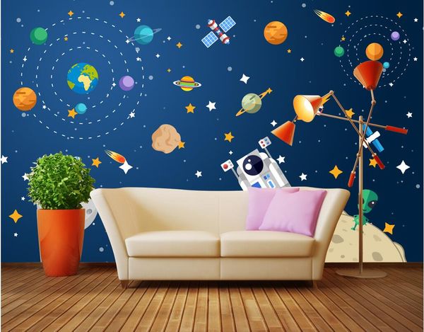 Hand-painted 3D cosmic spaceship mural wallpaper for living room wall decor