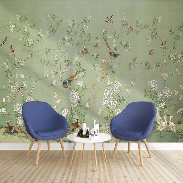 Hand-painted 3D floral wallpaper for living spaces