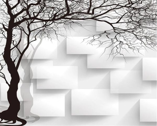Hand-painted custom black and white 3D abstract tree murals for TV wall and sofa backdrop, featuring waterproof wallpaper designs