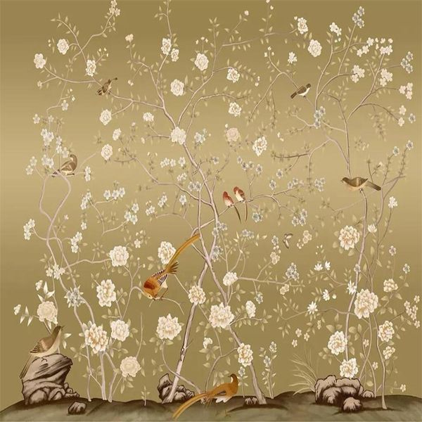 Hand-painted custom wallpaper featuring a pen and bird illustration