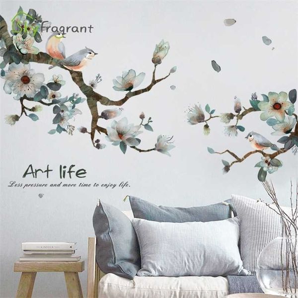 Hand-painted floral ink stickers for cozy home decor, perfect for living room TV walls or bedroom self-adhesive wall art