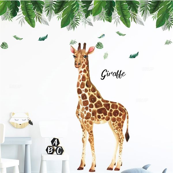 Hand-painted tall giraffe wall decal with green leaves for home decor