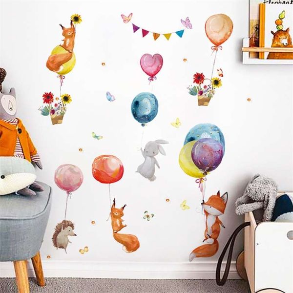 Hand-painted watercolor balloon animal wall decals for children's rooms, kindergarten decor, and home murals